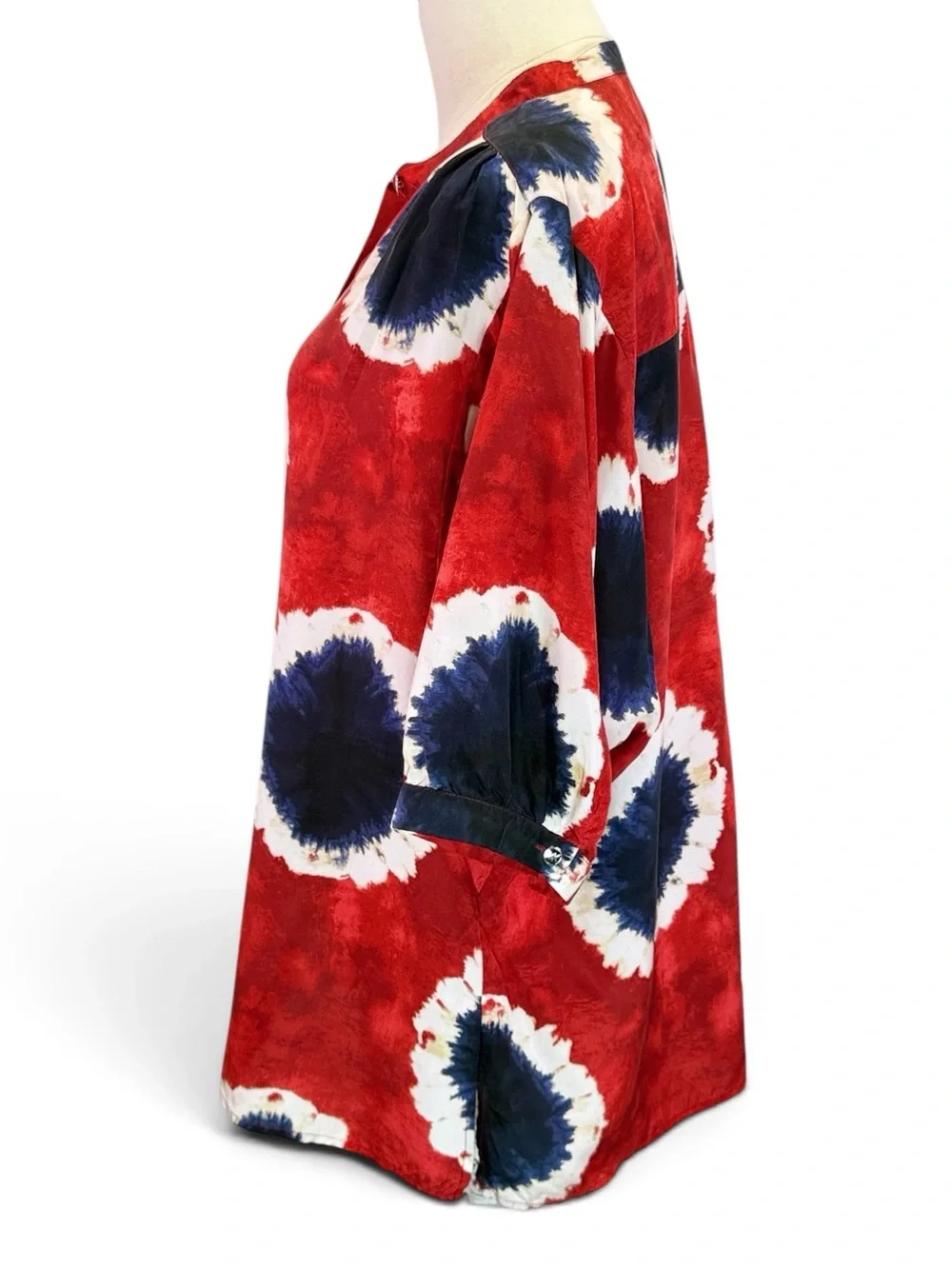 Michael Kors Women’s Red White Blue Silk Tie Dye V-Neck Short Sleeve Top Size XL